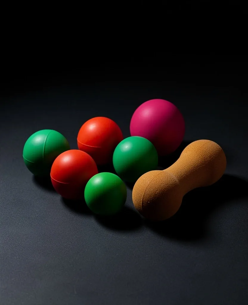 Assorted massage balls and peanut massage ball on dark surface