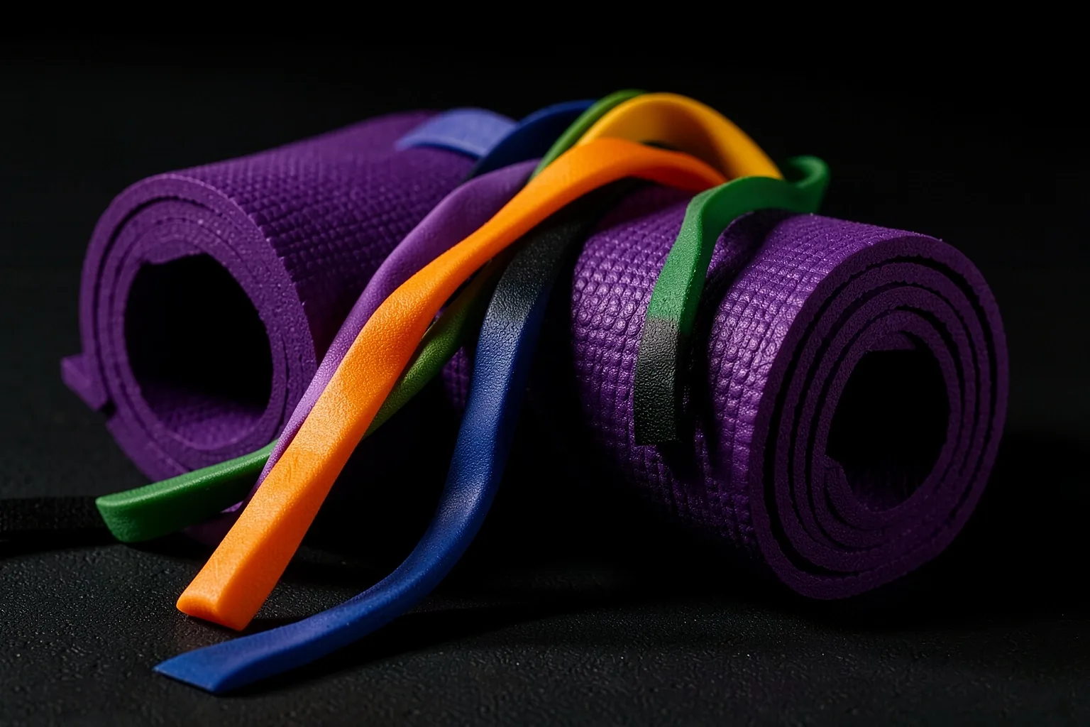 Rolled yoga mat with resistance bands on dark surface